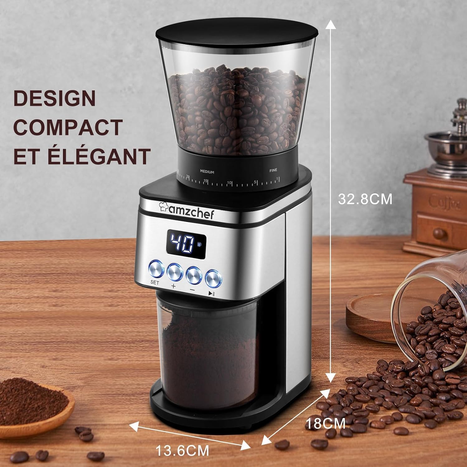 AMZCHEF Moulin à Café Electrique 160 W | 30 Réglages de mouture grossière à fine | 1-12 Tasses ou jusqu'à 40 secondes | Capacité de 300 g | Moulin a cafe en écran LCD et Minuterie Numérique | Argent