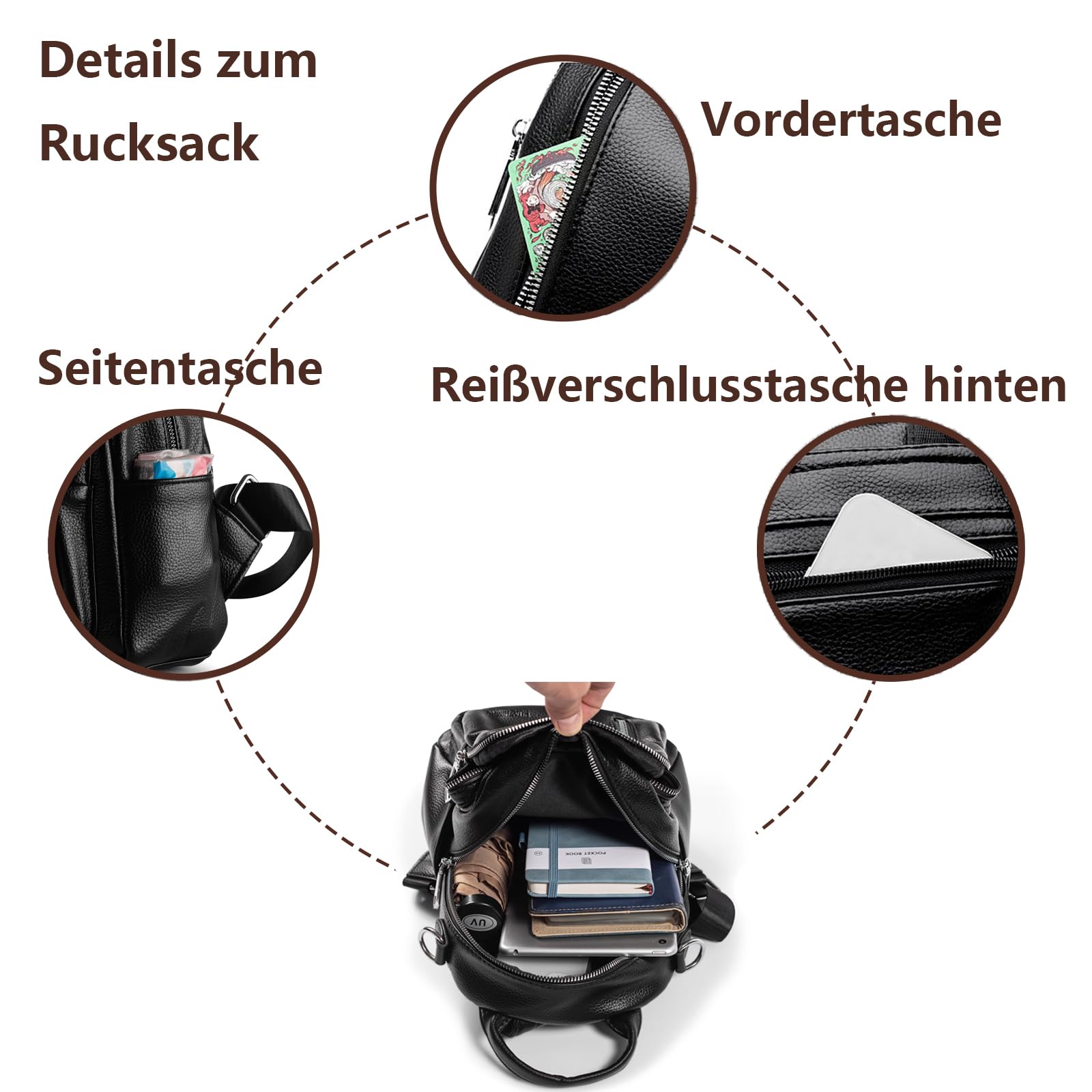 Kleiner Rucksack Damen PU Leder Rucksäcke Elegant Klein Rucksackhandtaschen Mini 3 in 1 Cityrucksack Tagesrucksack Frauen Rucksacktasche Wasserdichte Umhängetaschen Schultertasche