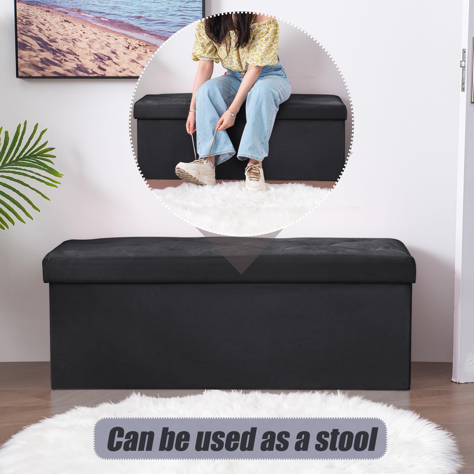 BRIAN & DANY Pouf Rangement Pliable 110x 40x 40cm, Coffre de Rangement Repose Pieds et Bout de Lit, Banc Coffre en Velours avec Couvercle, Tabouret pour Salon Chambre Entrée, Noir