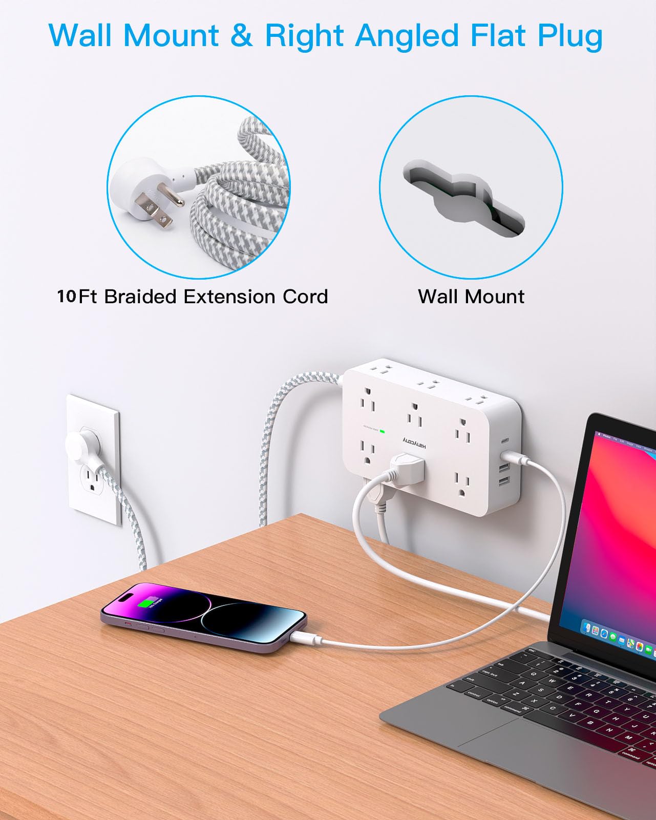 Extension Cord 10 Ft, Power Strip Surge Protector with 12 Outlets 4 USB Ports (2USB C), Large Desk Power Strip with Long Cord, Flat Plug, Wall Mount for Office Home College Dorm Room Essentials, White