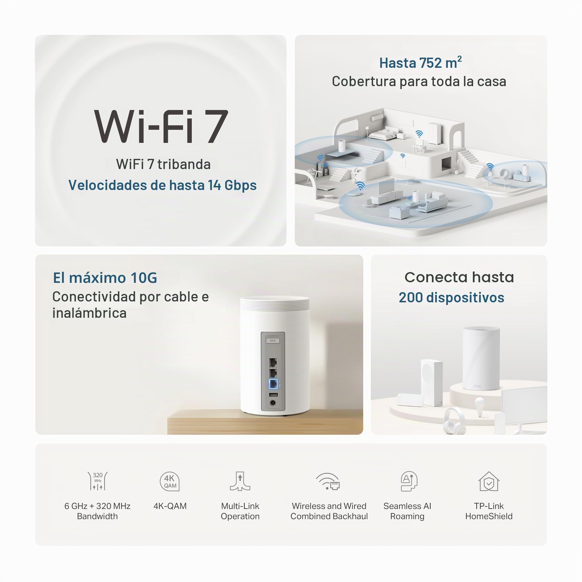 TP-Link Deco BE68(2-Pack) - Sistema WiFi 7 Mesh, BE14000, tribanda, 540 m² | Cobertura WiFi para Toda la Casa. Red Unificada. Puertos 10G. Control Parental. App Deco.