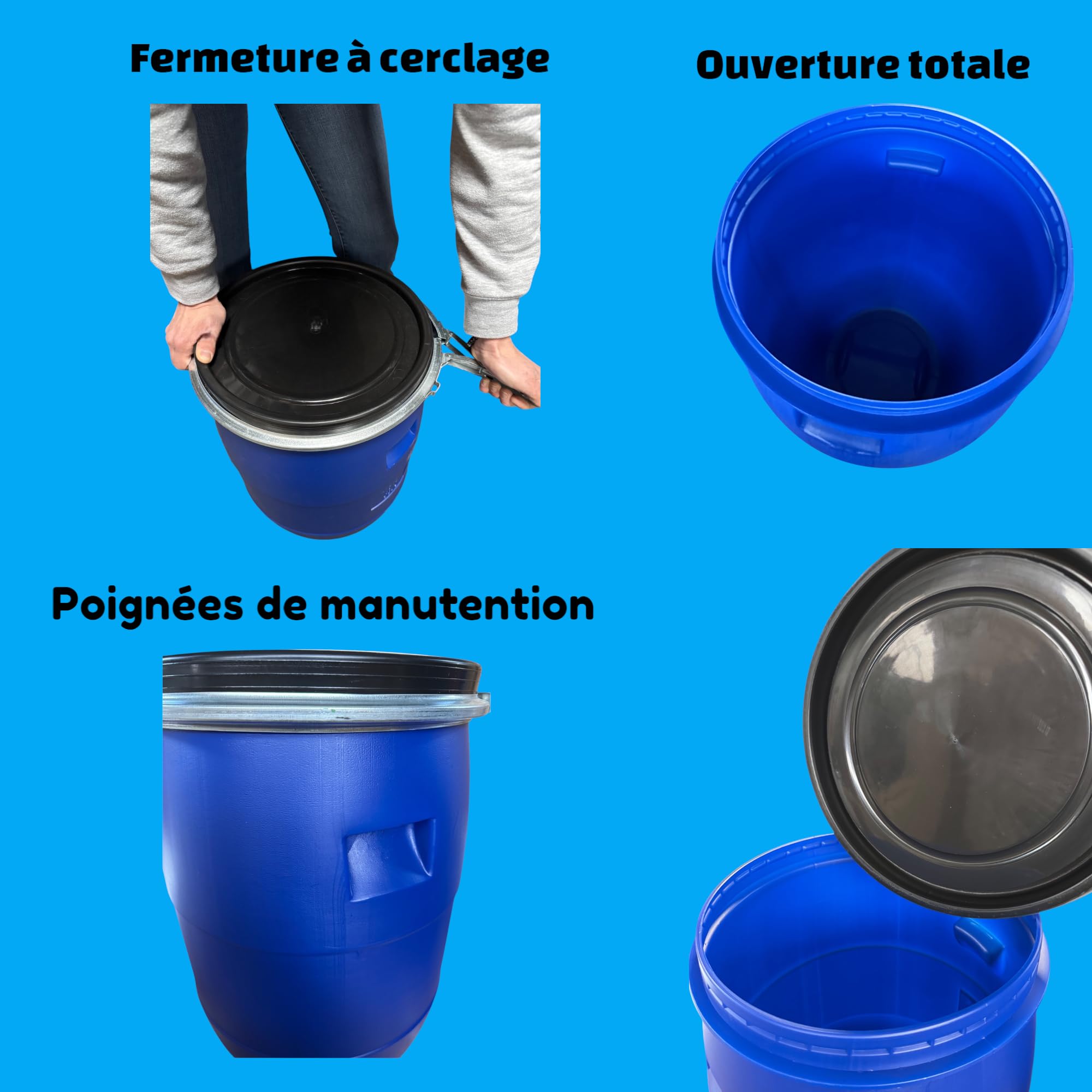 Jordan & Jordan — Fût Plastique Blanc 85L PEHD — Ouverture Ø34cm Amovible — Stockage Alimentaire, Eau, Fermentation — Hermétique Résistant UV