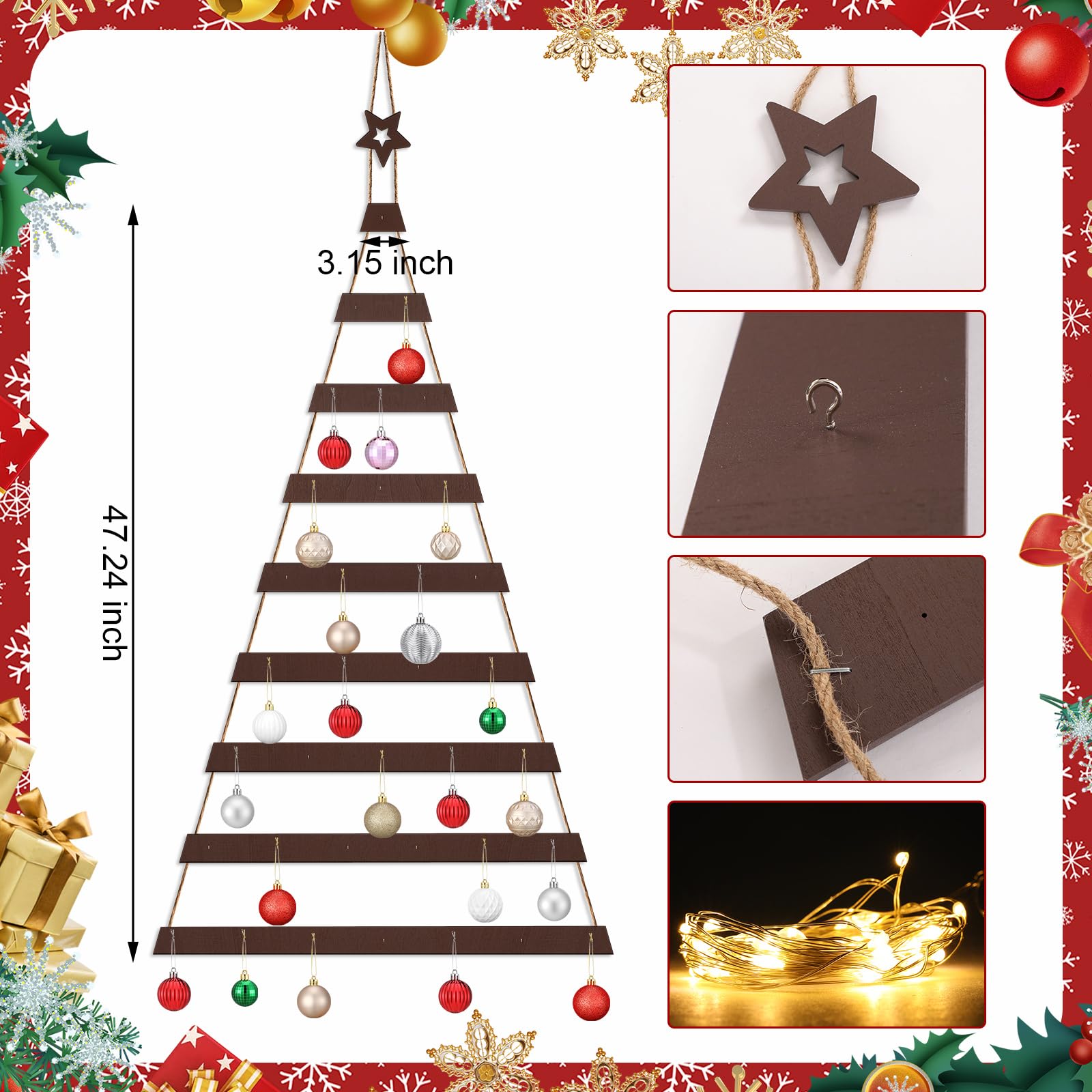 Vercraft Sapin de Noël Mural résistant aux Chats avec lumière à Suspendre - Sapin de Noël en Bois à Suspendre avec Crochets - Décoration de Noël Plate pour la Maison ou Le Bureau