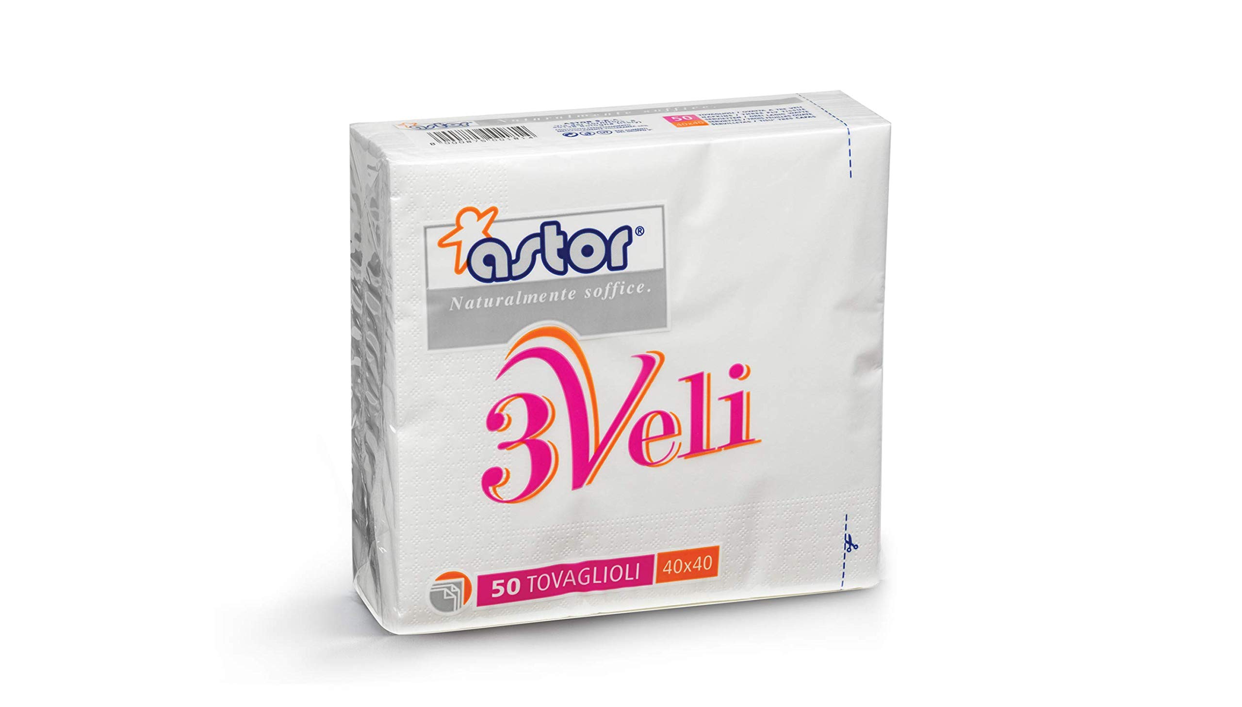 TOVAGLIOLI DI CARTA ASTOR BIANCHI 40X40 3 VELI 50 PZ. - VENDITA CARTONE DA 18 CONF. DA 50 PZ. = TOTALE 900 TOVAGLIOLI