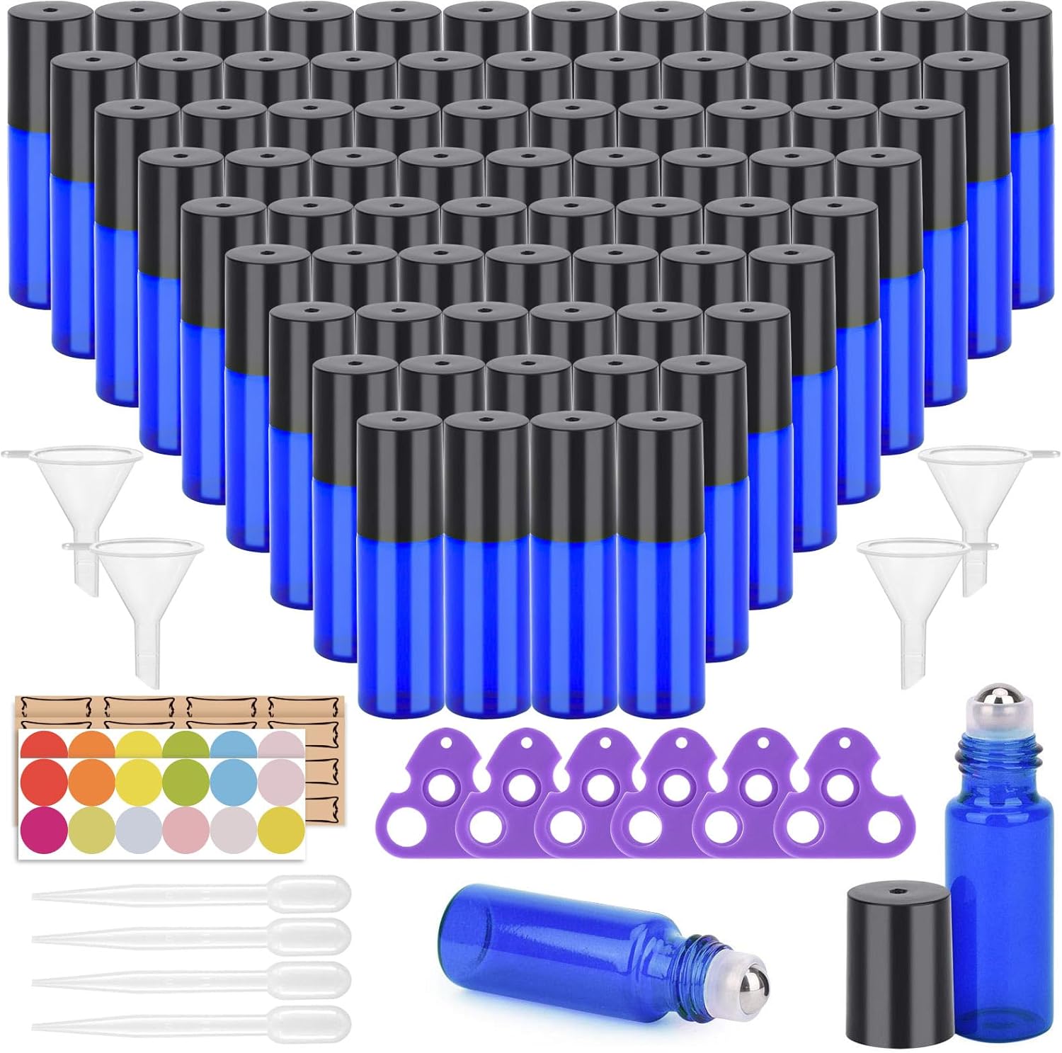 Easytle 96 Pack Essential Oil Roller Bottles 5ml Blue Glass, Reusable, Leak-Proof, UV Protection, Travel & Personal Care, 384 Labels, 8 Opener, 16 Funnels, 16 Droppers