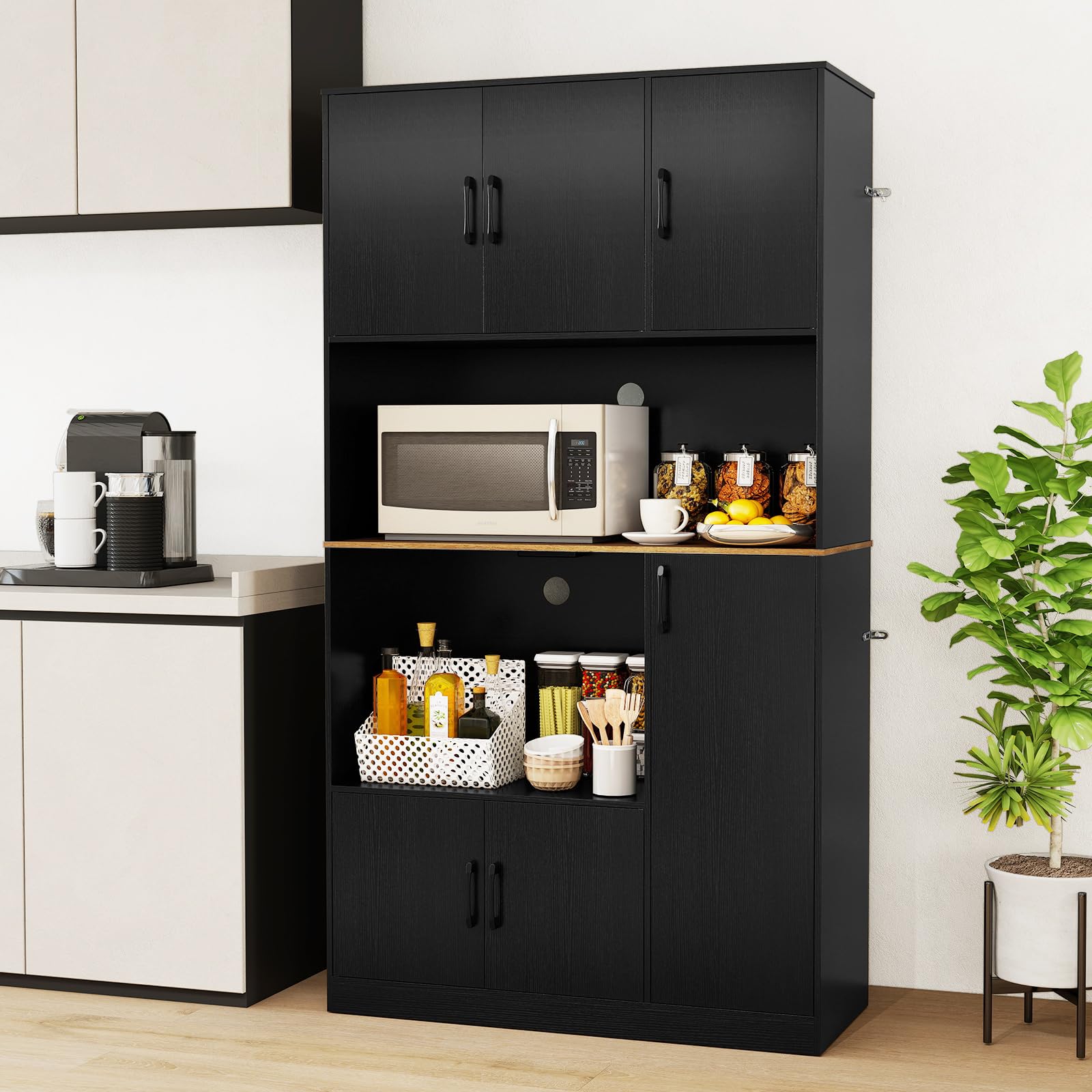 COSTWAY Küchenschrank Holz, Buffetschrank mit Steckdose, Hochschrank mit Türen & Arbeitsplatte, Vorratsschrank Aufbewahrungsschrank, für Küche & Wohnzimmer, 100 x 40 x 180 cm (Schwarz)