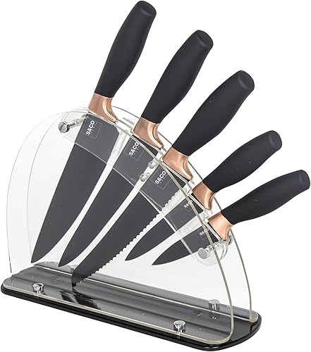 S & Co. Juego de 6 cuchillos de cocina con bloque acrílico, cuchillos de acero súper afilados con revestimiento antiadherente, para chef, pan,