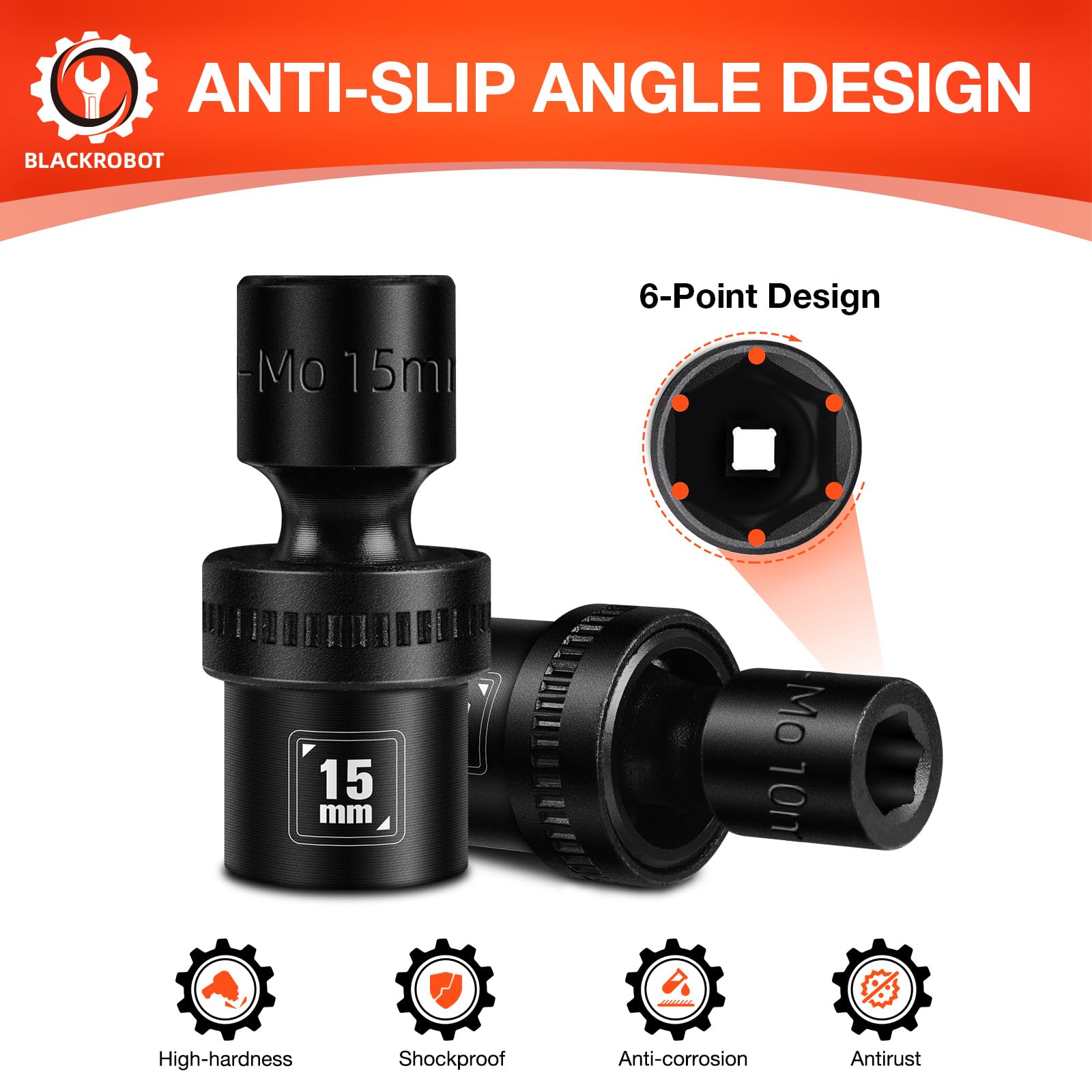 BLACKROBOT Set di chiavi a bussola universali a percussione, con attacco da 3/8", 12 pezzi, con 6 punti (10-22 mm), acciaio CR-MO, include binario di stoccaggio