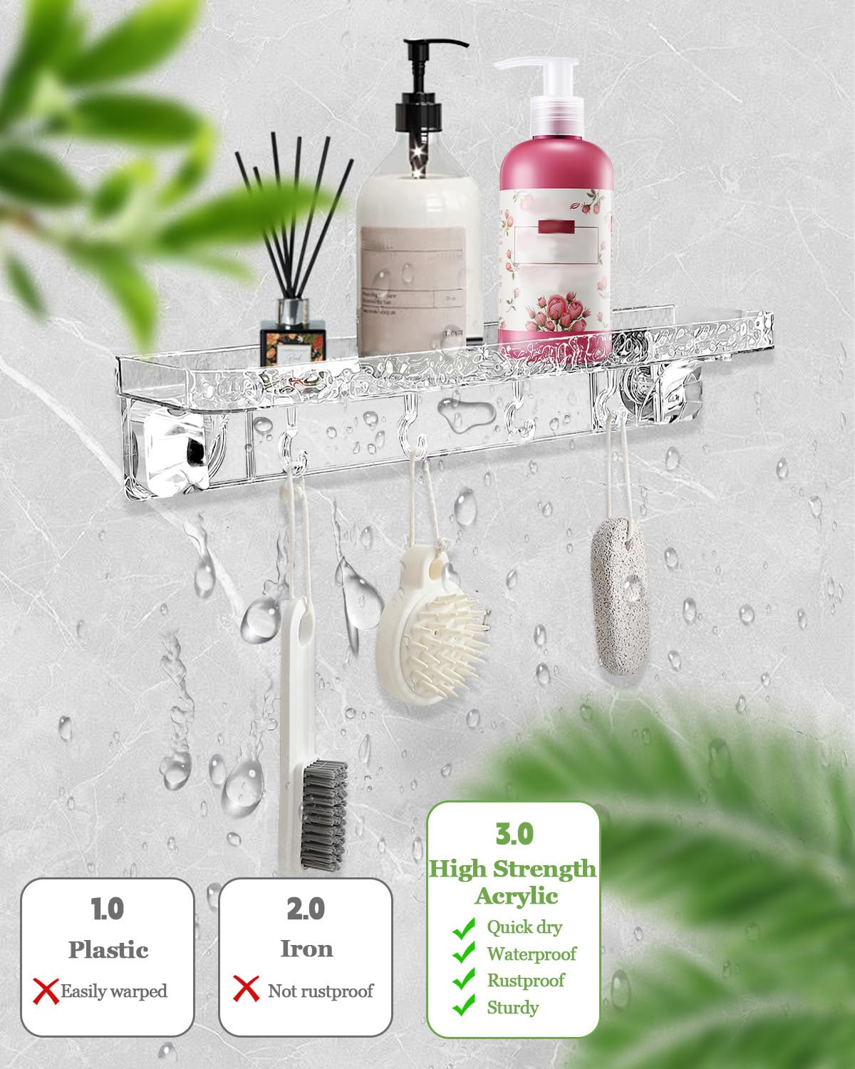 Aimery Estantería de ducha esquinera para baño, paquete de 2 unidades con ventosa con 4 ganchos, para almacenamiento de baño, decoración del hogar y cocina, sin taladrar, estantes de ducha extraíbles