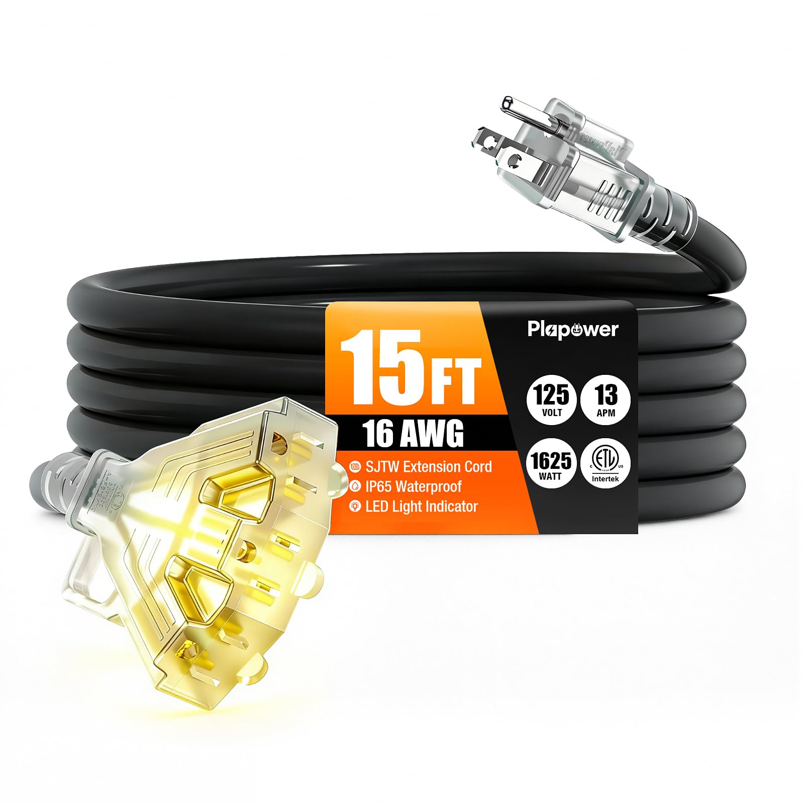 View 1 of 15FT 16/3 AWG Outdoor Extension Cord with Multiple Outlets Waterproof Black