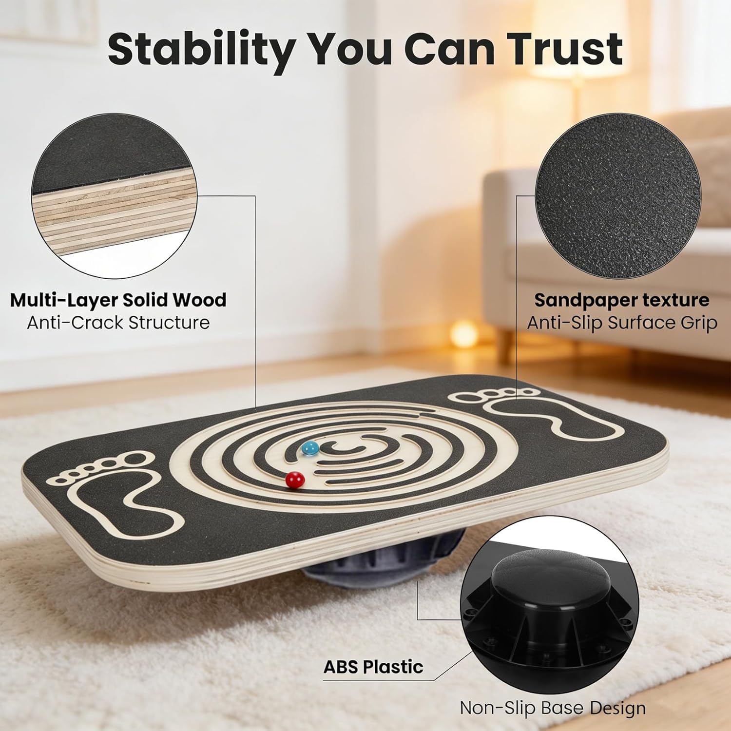 Wooden Balance Board Maze, 2-In-1 Wobble Board for Kids, Toddlers, Teens and Adults, Fun Core Strength Trainer for Exercise Training, Bodyweight Fitness, Surfing, Skiing, Snowboarding, Skateboarding