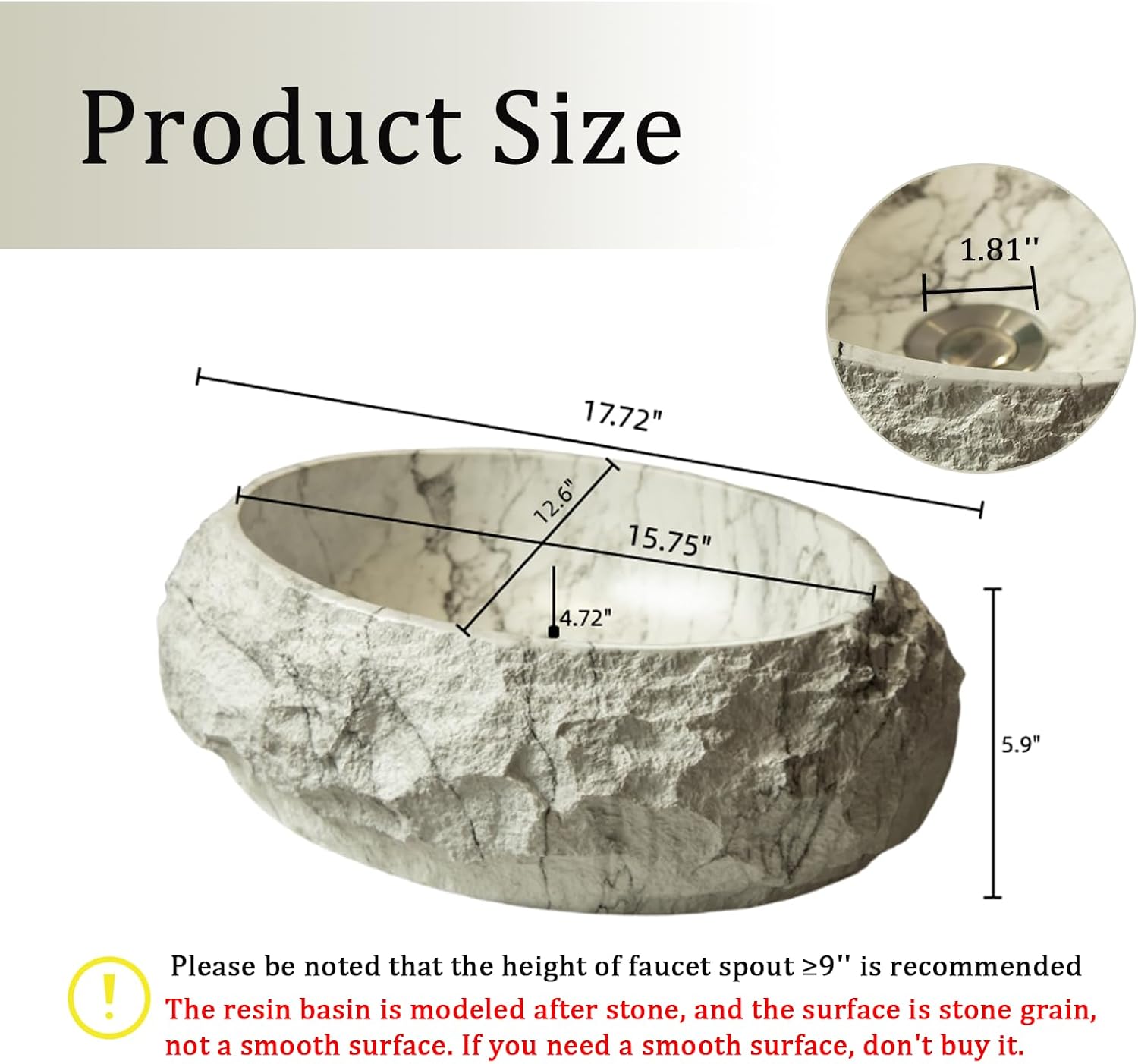 Eleshine Irregular Oval 18'' Vessel Sink, Stone Pattern Resin Bathroom Sink, Modern Artistic Style Above Counter Basin, NO Faucet, Ivory