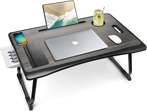 Amaredom Bandeja de escritorio para laptop, mesa de cama, escritorio plegable portátil con cajón de almacenamiento y soporte para tazas para comer