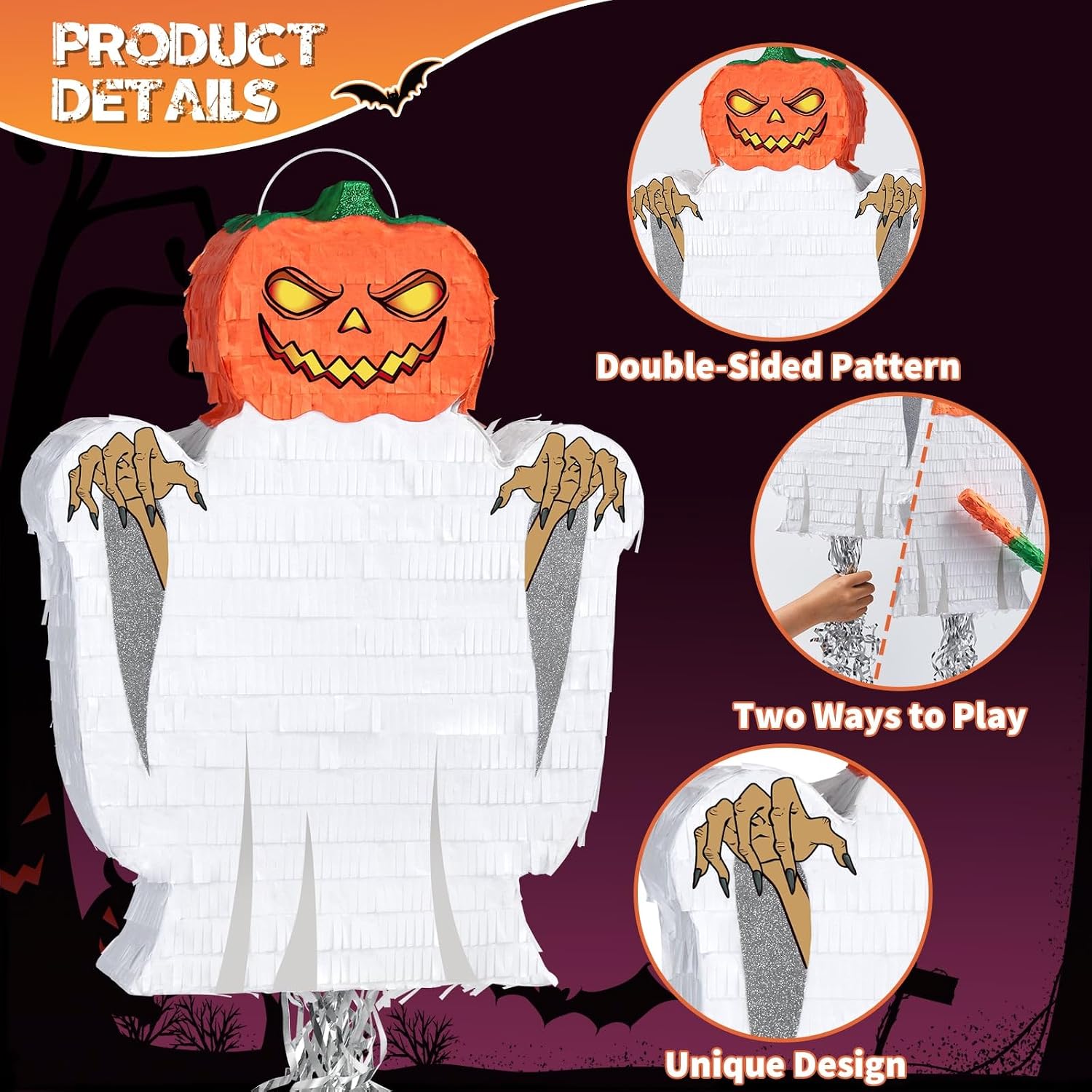 WERNNSAI Halloween Ghost Piñata - Halloween Party Decorations Hallow-een Pumpkin Party Games for Kids Trick or Treat Theme Party Haunted House Jack O Lantern Decorations with Bat Blindfold