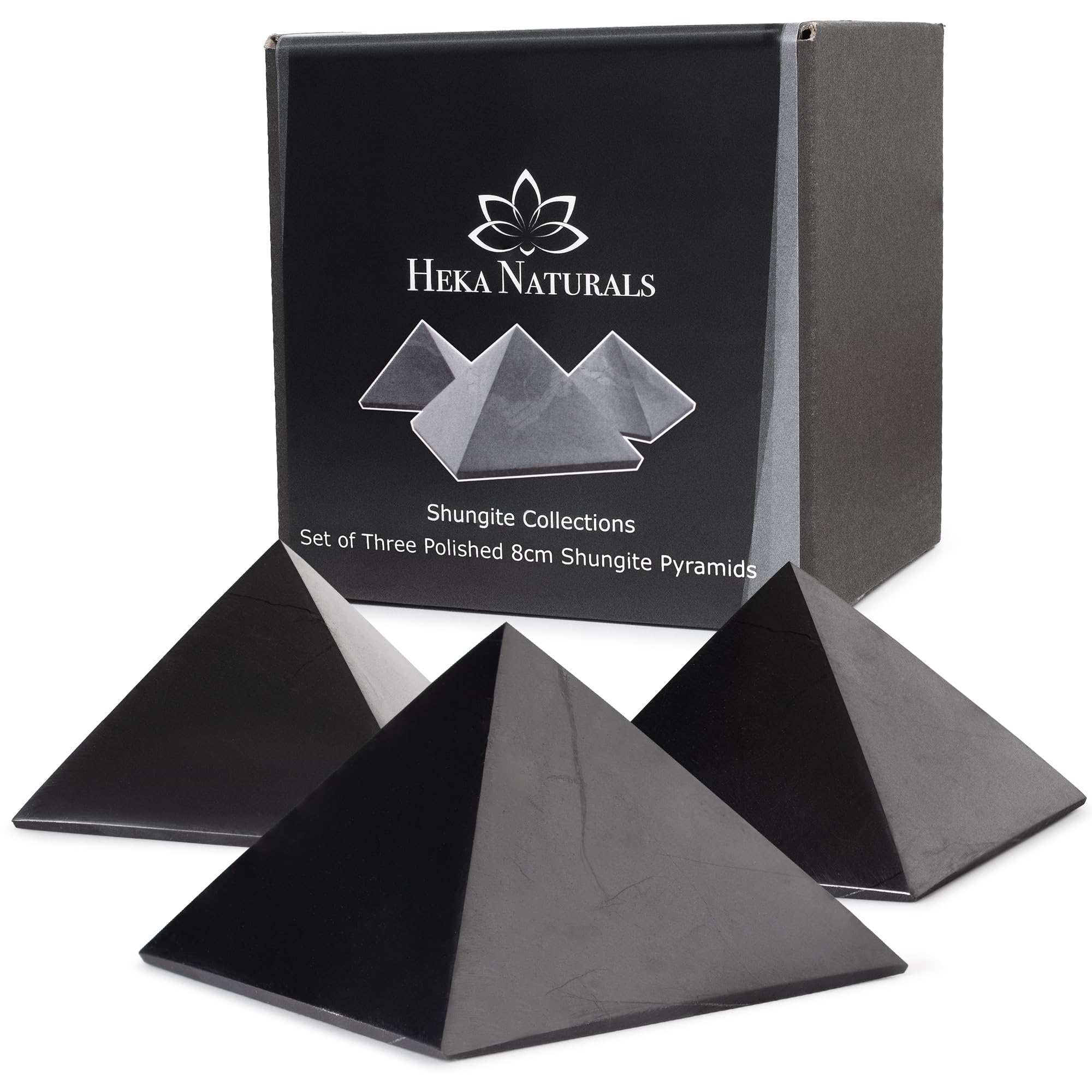 Heka Naturals Pirámide de Cristal Negro Pulido de Shungit Set de 3 | 8 cm - Decoración para el Hogar Piedras Naturales para la Protección de CEM, Piedras Chakras de Meditación Cristales Sanadores