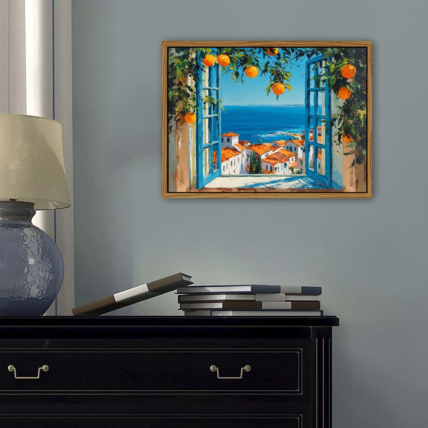 Floating Framed Italian Wall Art Mediterranean Wall Decor Window Beach Picture Canvas Prints Abstract Nature Coastal Landscape Painting Sea Poster Artwork for Living Room Bedroom Decoration 12x16”