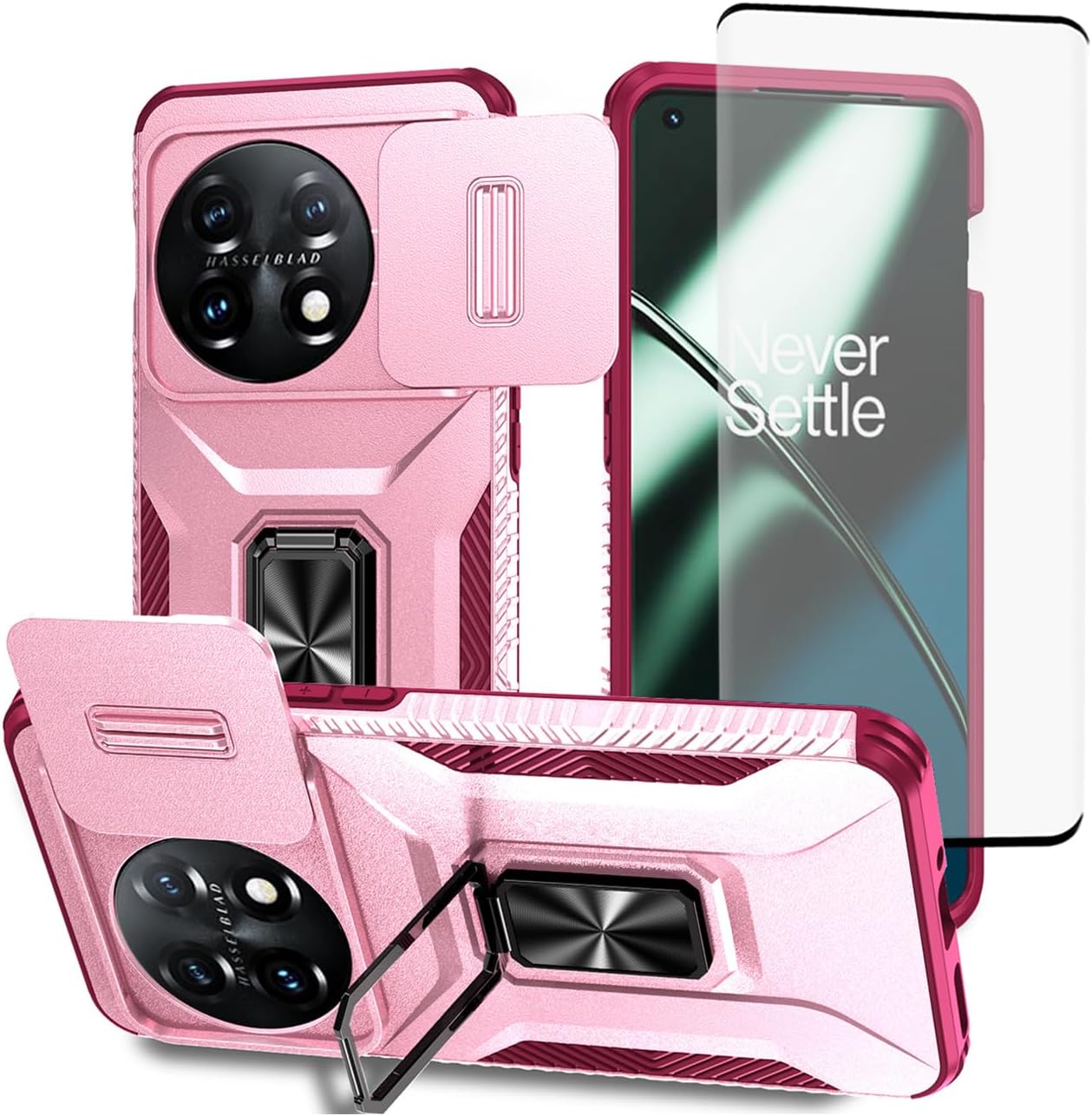 – Case for OnePlus 11 Case, One Plus 11 5G PHB110 Case with Tempered Glass Screen Protector and Slide Camera Cover, Magnetic Ring Car Mount Holder Shockproof Cover for OnePlus 11 5G Pink Wine