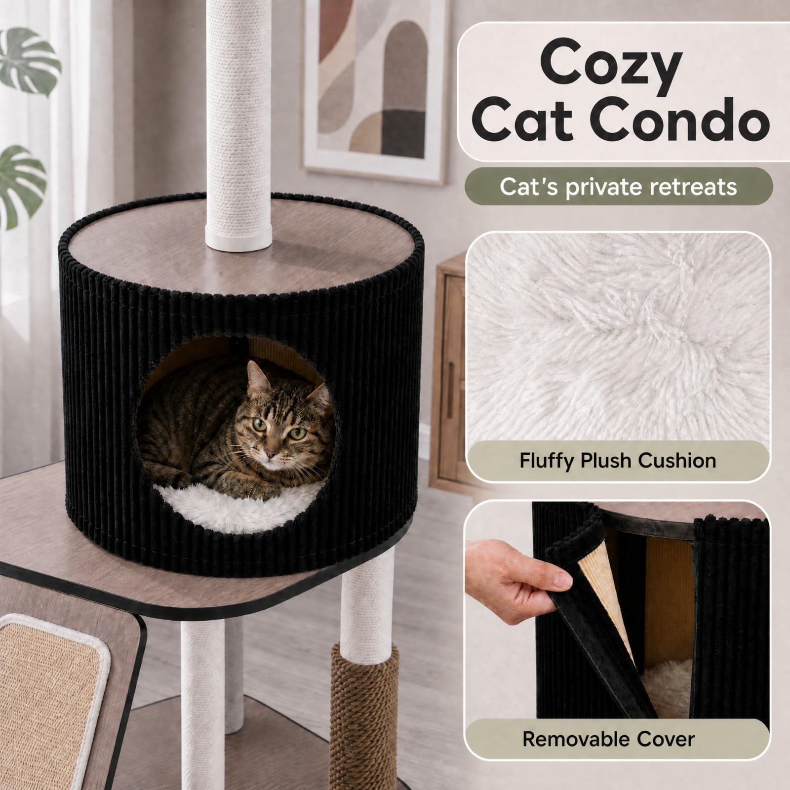 GOPLUS 155 cm Gran Torre de Gatos Multinivel con Postes Rascadores y Rampa | Árbol Rascador para Gatos con Casita, Percha Mullida, Plataformas y Juguete Colgante, Centro de Actividades para Gatitos
