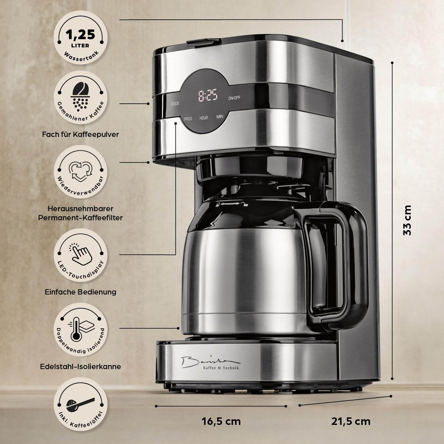 Barista - Cafetera con filtro con jarra aislada, temporizador de 24 horas y filtro permanente, para 8 tazas de café, cafetera para polvo [acero inoxidable]