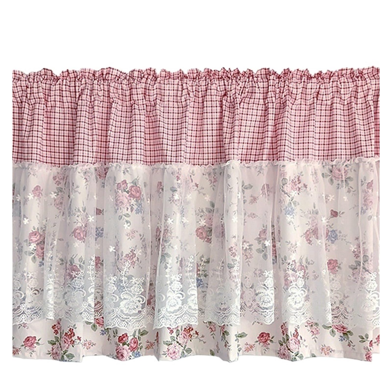 AIQIJOHI Short Curtains Short Curtain Pink Flower Lace For Kitchen Small Window Rod Pocket Top Half Door Drapes(1PC W150 x H40cm)