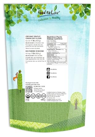 Food to Live Organic Oat Flour, 1 Pound - Non-GMO, Fine, Stone Ground from Whole Grain Oat Berries, Kosher, Vegan, Bulk, Great for Baking Pancakes, Muffins, Waffles and Bread, Good Source of Fiber