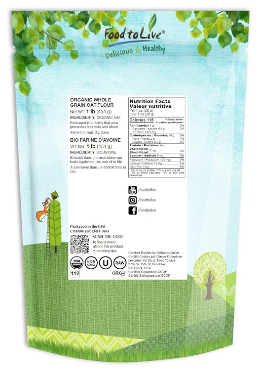 Food to Live Organic Oat Flour, 1 Pound - Non-GMO, Fine, Stone Ground from Whole Grain Oat Berries, Kosher, Vegan, Bulk, Great for Baking Pancakes, Muffins, Waffles and Bread, Good Source of Fiber
