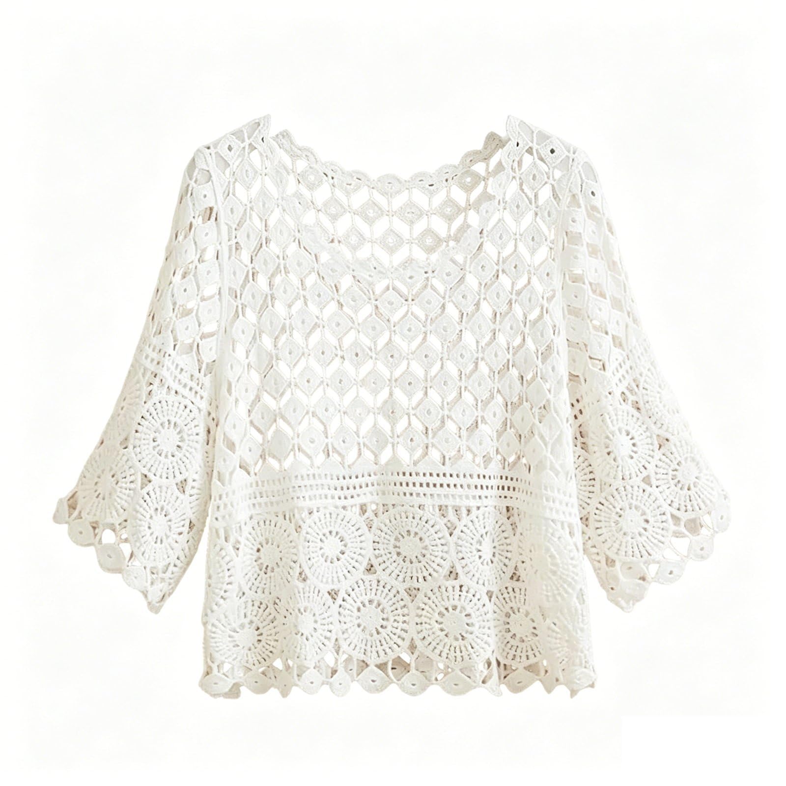 Top Estivi da Donna Intagliati a Maglia Crochet Manica 3/4 Coprispalle da Spiaggia Maglioni