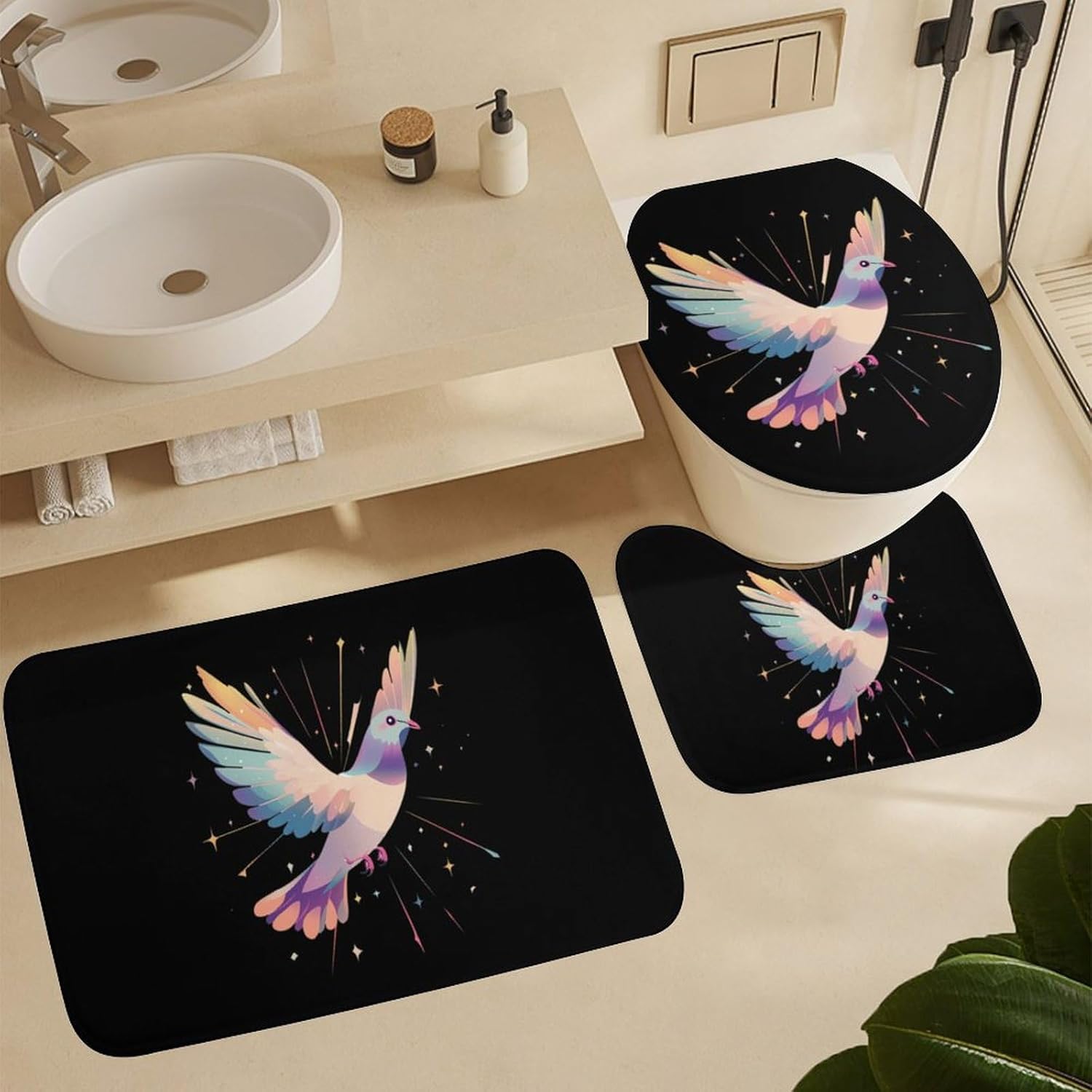 Pigeon Doves of Hope Bathroom Sets with Shower Curtain and Rugs 4 Piece with U-Shaped Floor Mat Toilet Lid Cover