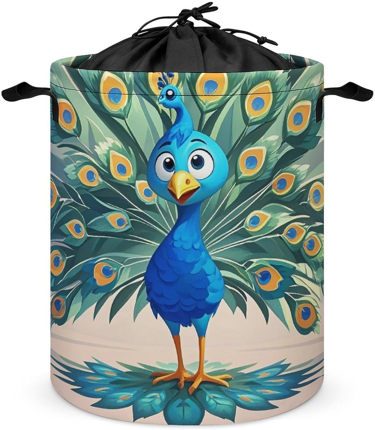 Cartoon Blue Peacock Laundry Bag Large Collapsible Laundry Baskets Freestanding Waterproof Clothes Hamper with Handles & Drawstring for Laundry Room Bedroom Bathroom