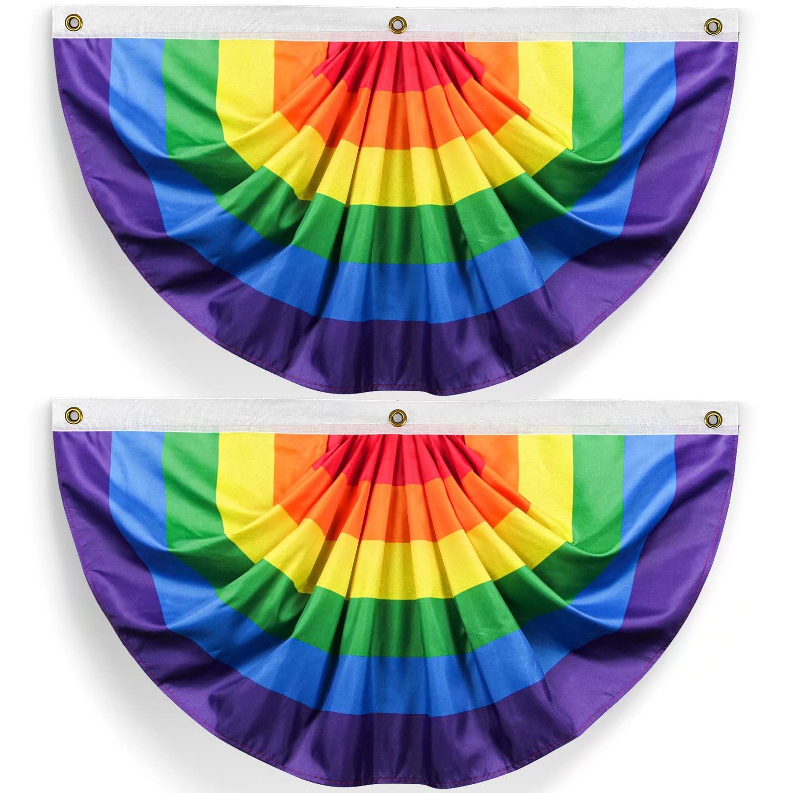 2 Pieces Pride Pleated Fan Flag Rainbow Bunting 1.5x3 Ft Banner Gay Decorations Party Supplies LGBTQ Proud Wall Decor Love Bright Vivid Color Yard Sign Holiday Hanging Backdrop Polyester with Brass