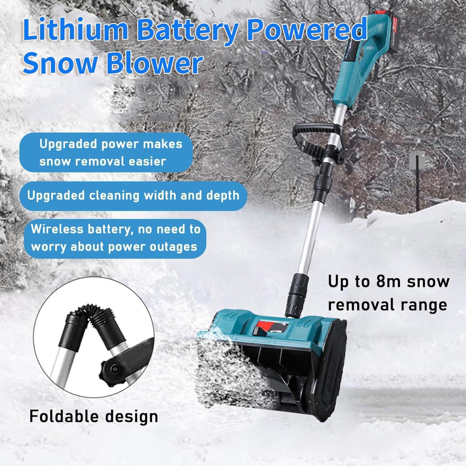 Pelle à neige sans fil pour batterie, souffleuse à neige électrique avec direction réglable et manche télescopique, pour allées, trottoirs, routes