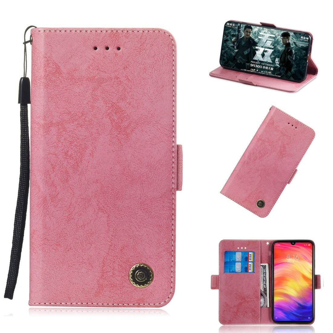 CAIFENG Phone Cover Case Multifunctional Horizontal Flip Retro Leather Case with Card Slot & Holder for Xiaomi Redmi Note 7 Protective Shell (Color : Pink)