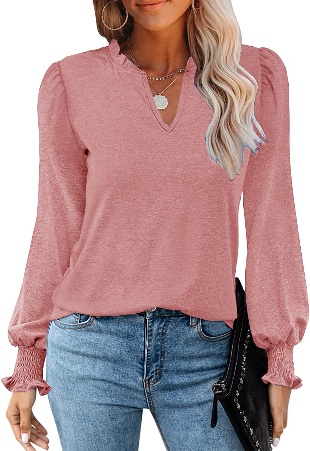 JAWINT Women's Puff Long Sleeve T Shirt Fall Cute Dressy Casual Ruffle V Neck Tunic Tops