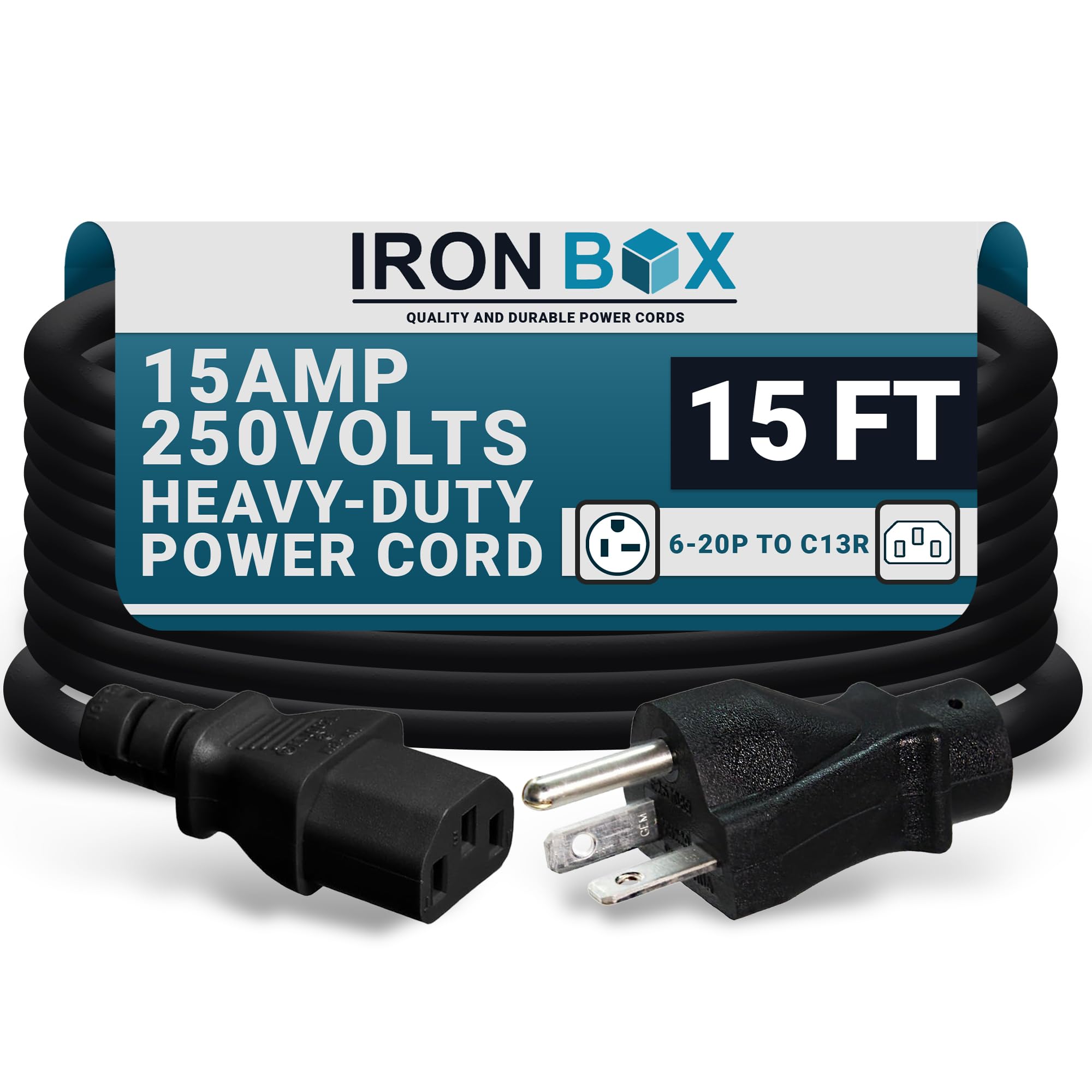 IronBox Electric - NEMA 6-20P Plug to IEC C13 Power Cord - 15A/250V, 14/3 AWG - UL Listed Heavy Duty Power Cord - Replacement Cords for Monitor, Computer, Printer, Audio Speaker & More (15ft, Molded)