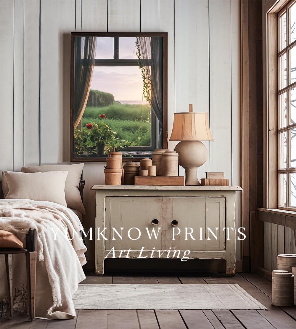 Rolled Canvas 24x36 Print Wall Decor - Windows View to Nature Wall Art - Decoration Bedroom, Living Room, Office - Serene Floral Grassland Seaside Beachfront Sea Ocean - Spring Summer Coastal Seashore