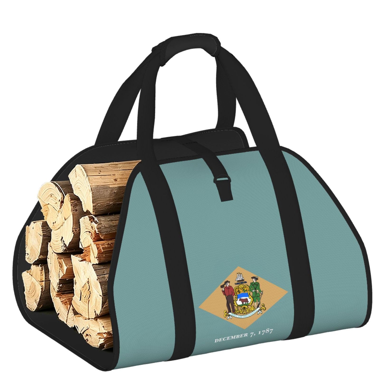 Ayyqwe Black Flag Of Delaware Print Firewood Bag Wood Waterproof Versatile Camping Picnic Storage Daily Home