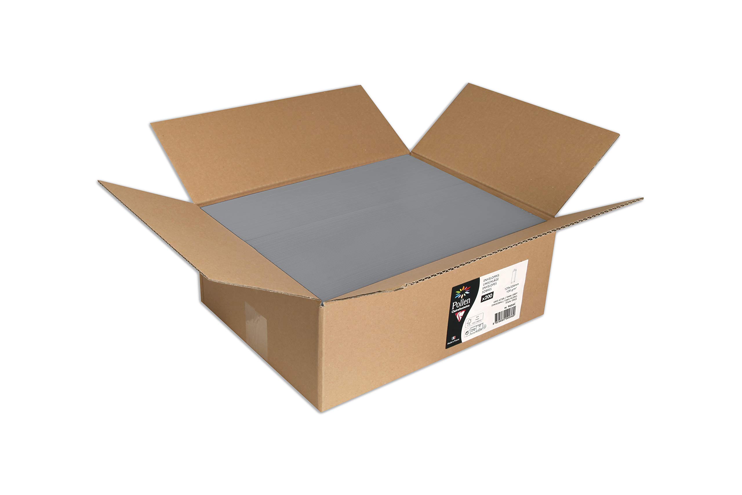 Clairefontaine 9036C Box of 200 Self-adhesive Bulk Envelopes 12.5x32.4cm 120g/m² Dark Grey Invitation Events Correspondence Pollen Range Premium Smooth Paper — image 1