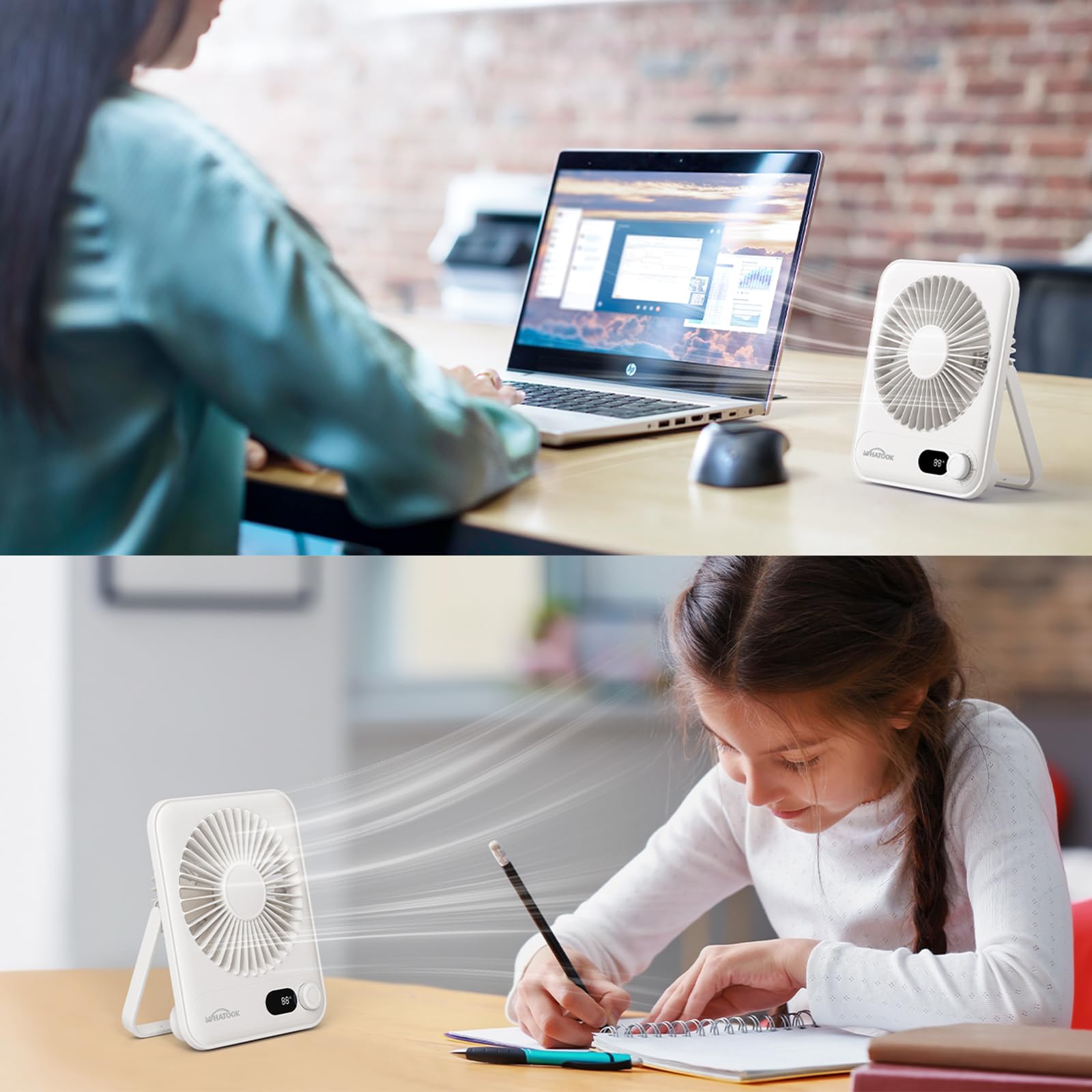 WHATOOK Piccolo ventilatore da tavolo Ventilatori personali: 2000 mah 10 ore batteria da ufficio silenzioso mini ventilatore da tavolo portatile ricaricabile essenziale da viaggio