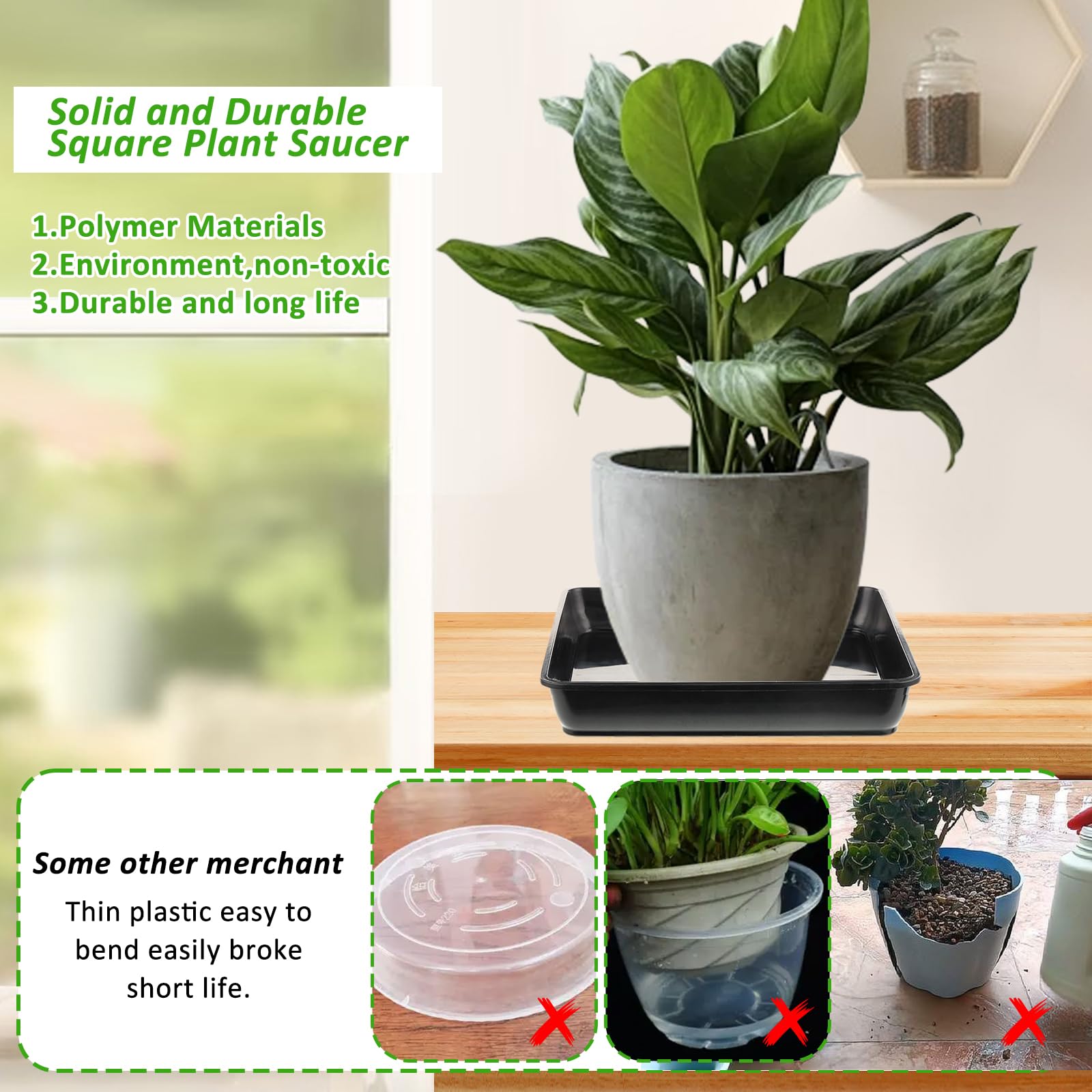 Lot de 6 pots de fleurs carrés - En plastique - Pour plantes d'extérieur et d'intérieur - Rectangulaire - 40 x 40 cm