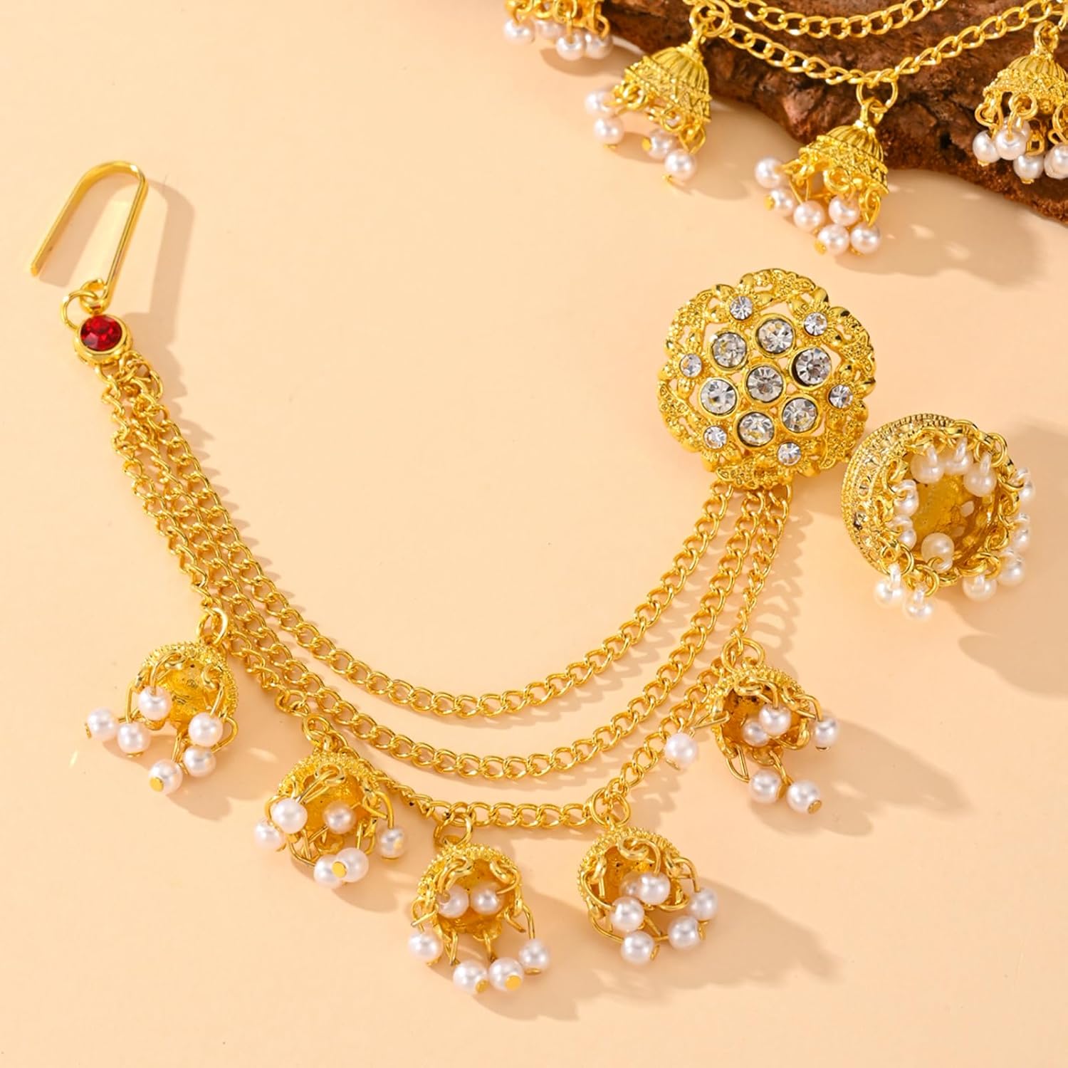 Jhumkas Indian Earrings with kundan Gold Hair Chain Layered Faux Pearl Charms Wedding Jewelry for Women