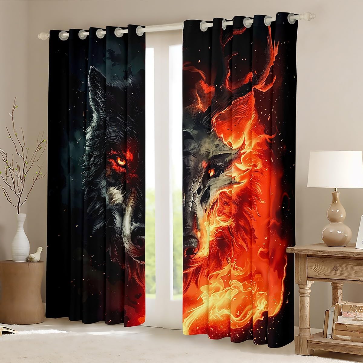 Castle Fairy Gothic Wolf Window Curtains Abstract Hunting Elk Animal Darkening Blackout Curtains 3D Burning Flame Window Treatments Safari Wildlife Grommet Top 2 Panel Set Drapes,38Wx45L