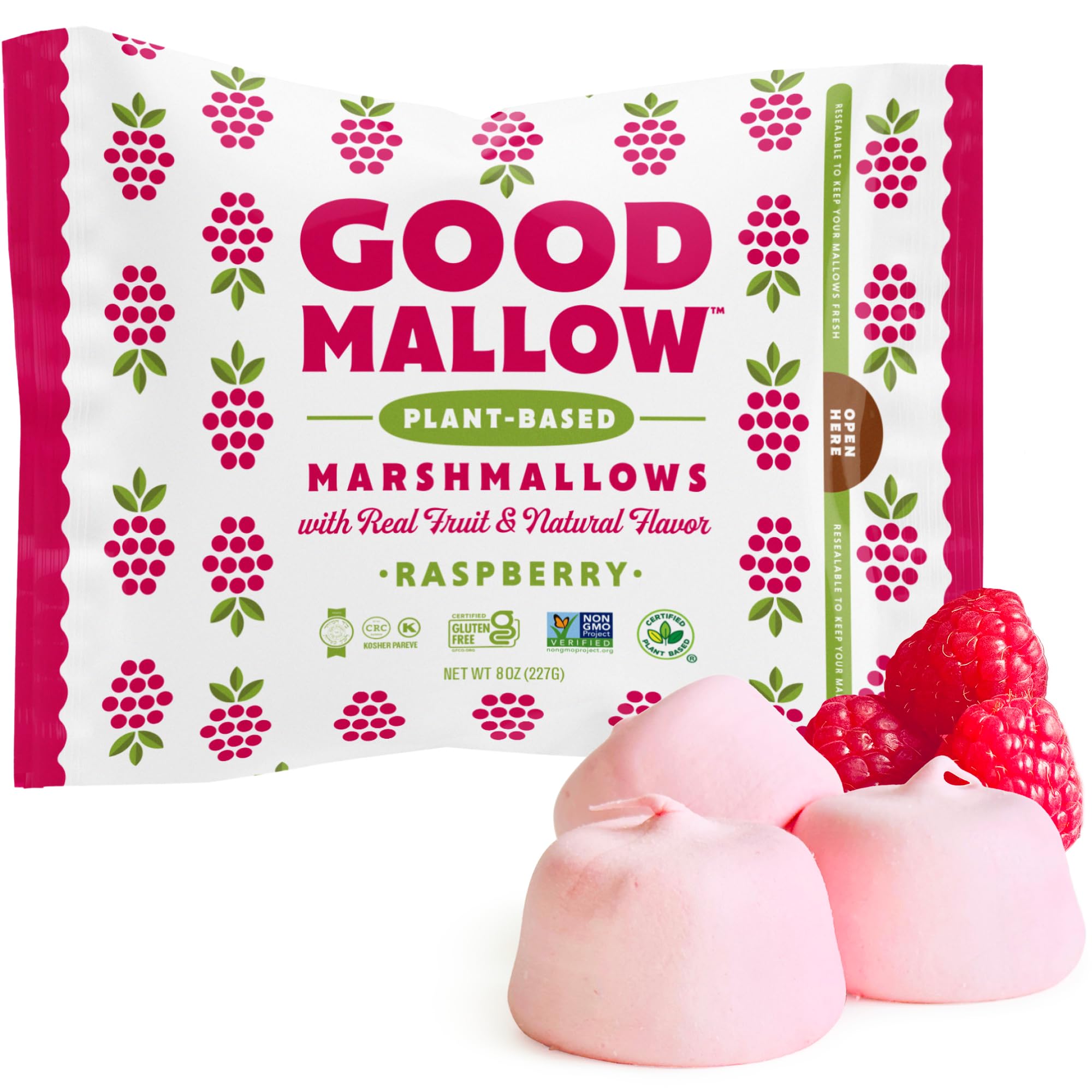 GoodMallow Vegan Marshmallows - Large Kosher Gluten Free Dairy Free Healthy Marshmallows - Natural Gelatin Free for Hot Chocolate, Smores, Baking - Nothing Artificial - Raspberry