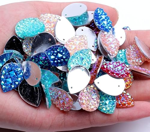 100 diamantes de imitación para coser de 0.51 x 0.70 pulgadas, color AB, parte trasera plana, gemas de cristal para coser, 2 agujeros para vestido