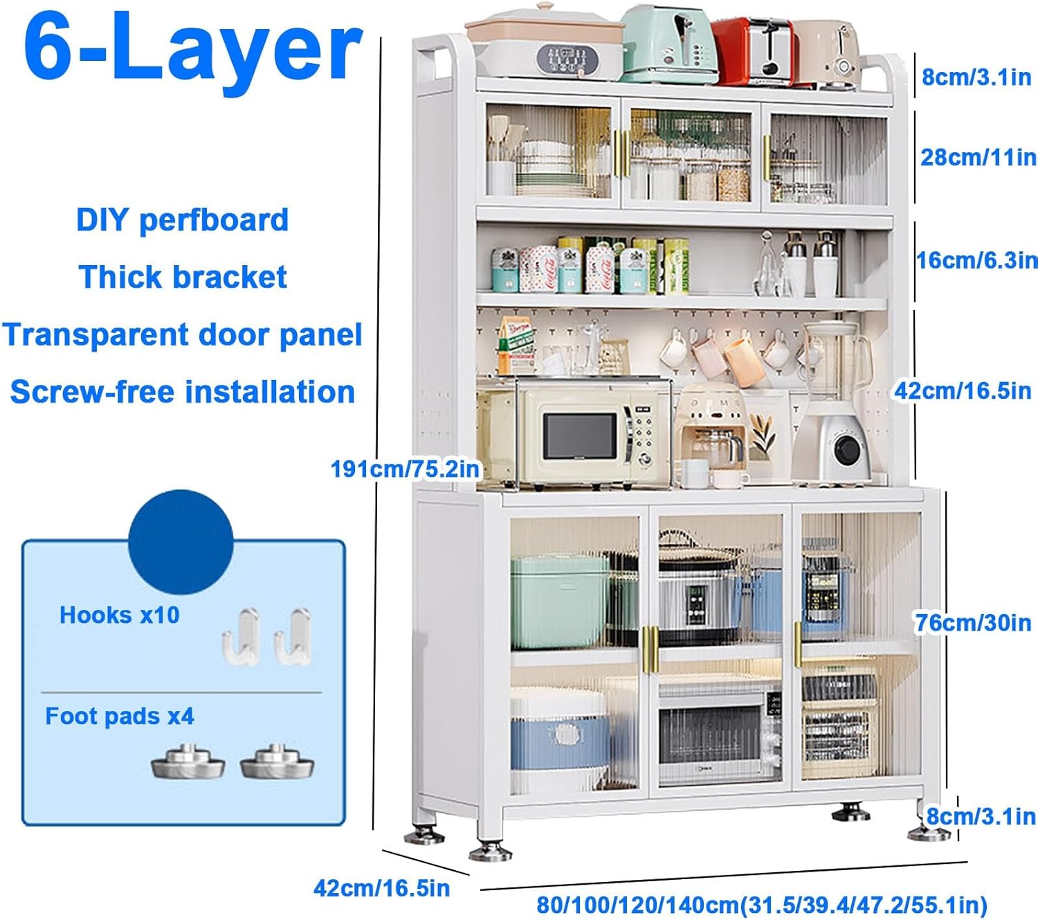 Microwave Stand 6-Tier Kitchen Cabinet Storage Rack, Multi-Functional Coffee Bar & Baker's Rack with Wine Rack, DIY Backplane, Space-Saving Organizer for Home & Kitchen