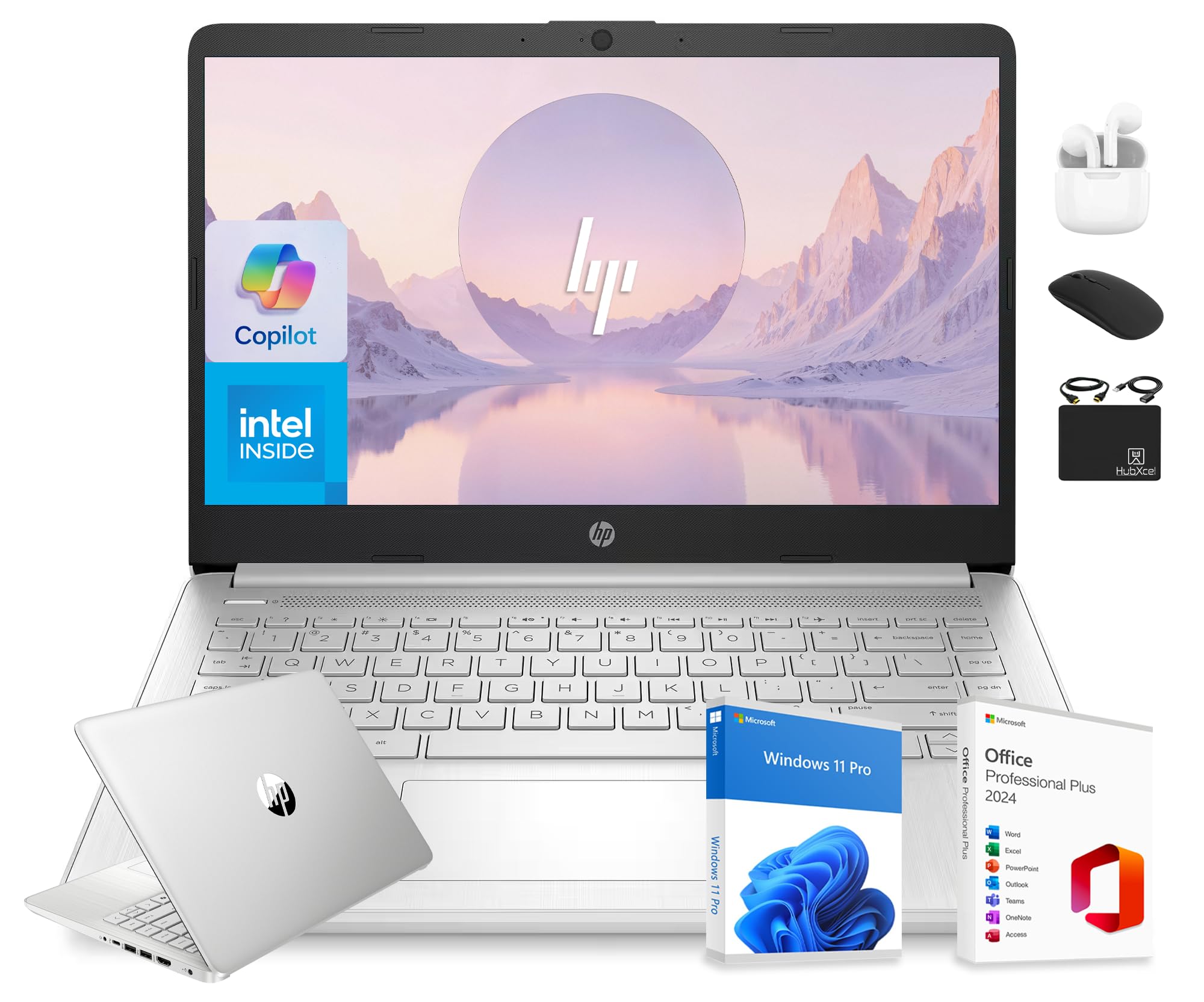 HP 14” Flagship Laptop 2025 AI-Powered Computer, Office Lifetime, Student Business, 4-Core Intel CPU, 16GB RAM 628GB Storage (128GB UFS+ 500GB Ext), Long Battery HubxcelAccessory Win 11 Pro Silver
