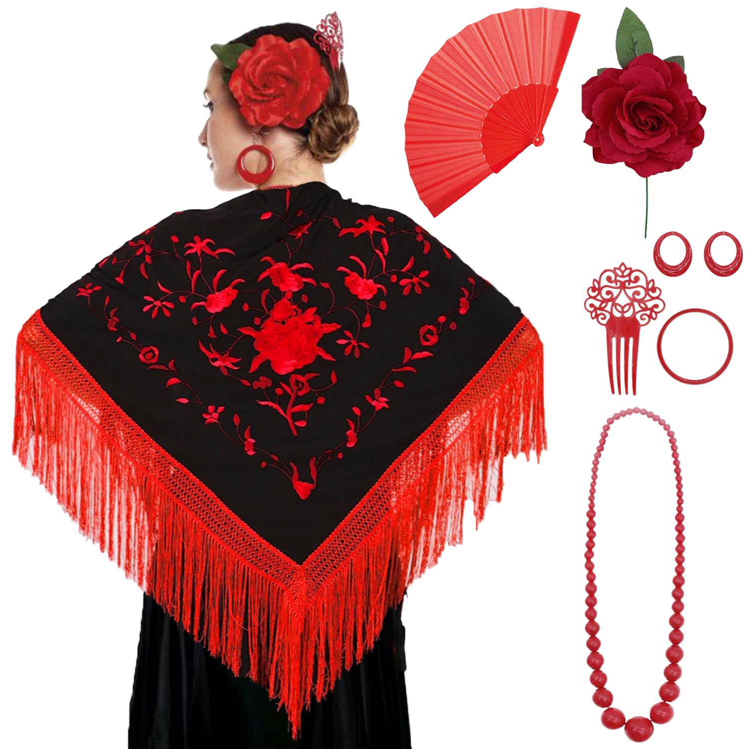 Manton de Manila Mujer Flamenca, Manton Bordado+Rosa para el Pelo+Abanico Flamenco+Peineta+ Pendientes+ Pulsera