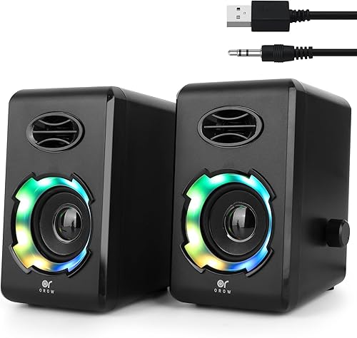 OROW Altavoces de computadora, altavoces de escritorio alimentados por USB con 6 modos de luz, altavoz AUX Bluetooth de 5.0 y 0.138 in, altavoces