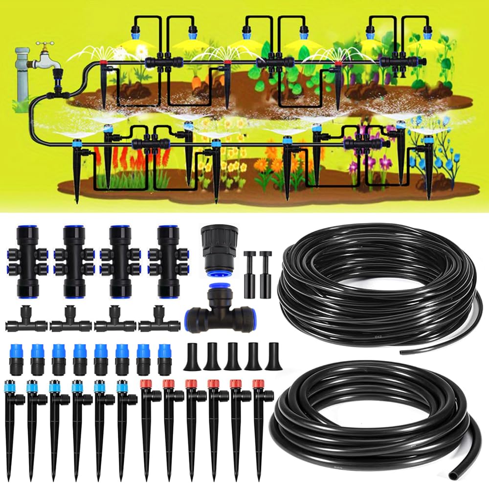 190.2FT Quick Connector Drip Irrigation System Kits Automatic Garden Watering Sprinkler with 1/2 &1/4 inch Tubing Hose Patio Misting Plant Irrigation Water Equipment for Greenhouse Flower Beds Lawn