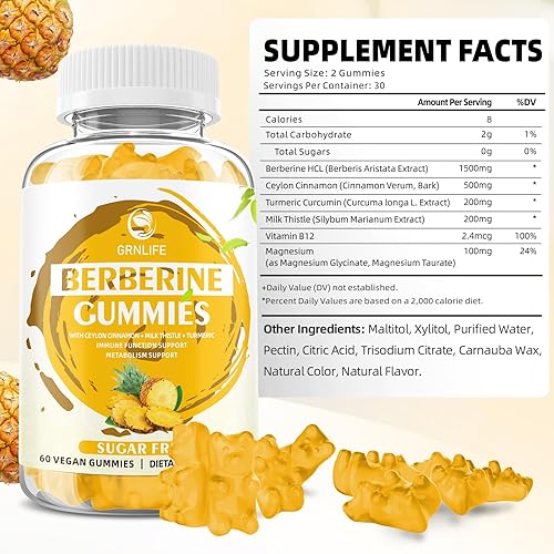 Miniatura 2 de Gomitas de berberina con canela de Ceilán, 1500 mg de berberina HCL de alta potencia, suplemento para apoyo inmunológico y metabolismo, sin azúcar,