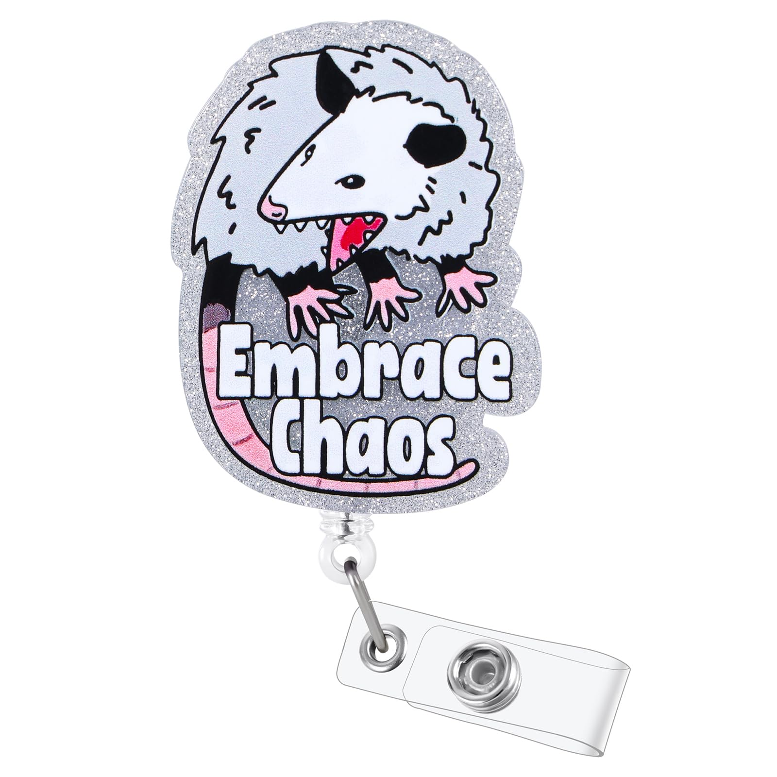 Embrace Chaos Funny Badge Reel, Cute Opossum Retractable ID Card Badge Holder, Name Tag Work Badge Clip for ICU NICU RN LPN CNA MA ER Night Shift